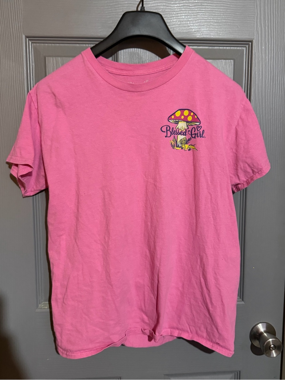 Blessed Girl Pink Mushroom Graphic T-Shirt Isaiah 6:3 God's Glory Tee Womens M - Picture 2 of 8